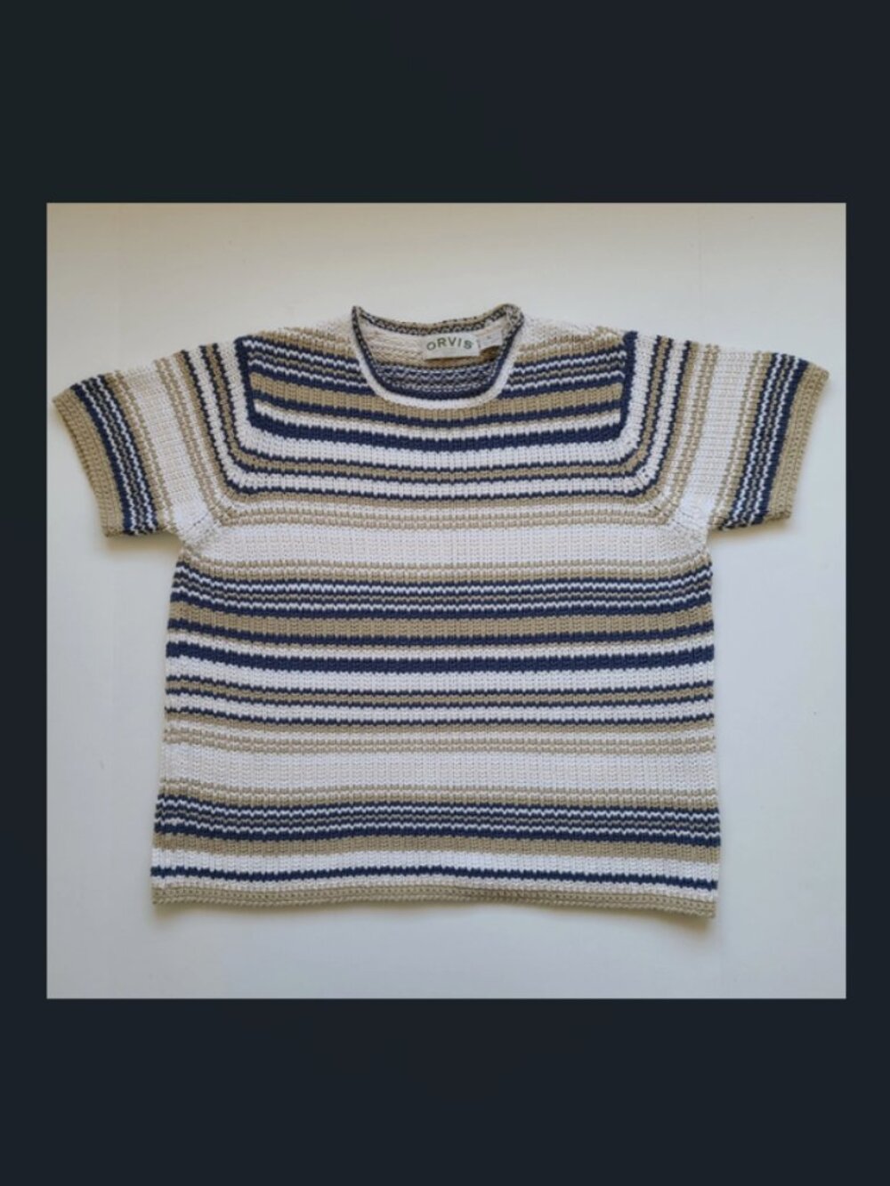 Vintage 90s Orvis Cotton Sweater M Striped Blue Tan Short Sleeve Neutral